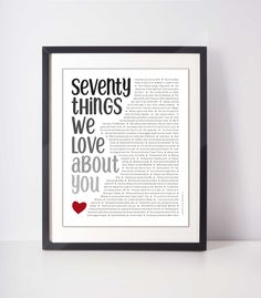 a framed book page with the words seventy things we love about you