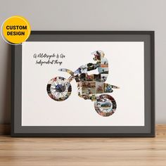 a framed photo of a motorcyclist with the words custom design on it