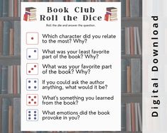 the book club roll the dice game is in front of a bookshelf full of books