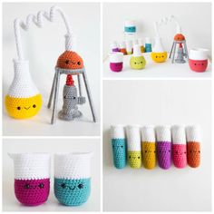 crocheted objects are arranged in different colors and sizes, including one with a light bulb