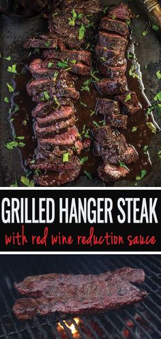 grilled hanger steak on the grill with red wine and relish sauce in it