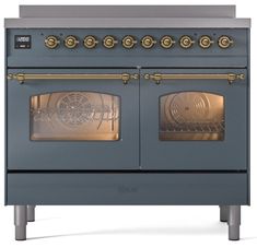 an oven with two burners on the front and one door open to show it's cooking area