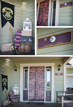 several pictures of the front door of a house with flags and decorations hanging from it's sides