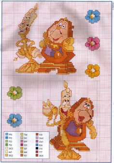 an image of cartoon characters on a cross - stitch pattern with color swatches for each character