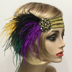 Mardi Gras Headpiece, Purple Green Gold feather Headband, Mardi Gras Headband, New Orleans Parade, Festival Headpiece, Jazz Age Very beautiful and festive! Made with three rows of gold woven metallic elastic. Accompanied with a very generous amount of Ostrich feathers in Mardi Gras colors. I embellished this headpiece with a Vintage inspired iridescent bronze rhinestone brooch.  PLEASE NOTE: The headband measures 21" un-stretched. If you need me to make a smaller one for you please advise. I hav Bohemian Headpiece For Mardi Gras Party, Vintage Adjustable Headpiece For Carnival, Mardi Gras Costume Party Headband, Adjustable Gatsby Style Headpiece For Carnival, Carnival Costume Headband Hair Accessories, Adjustable Flapper Headpiece With Feathers, Bohemian Mardi Gras Party Costume Headpiece, Mardi Gras Party Headband, Bohemian Mardi Gras Party Headpiece