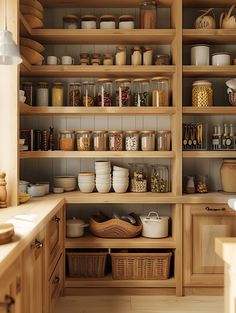 an organized pantry with wooden shelves and baskets