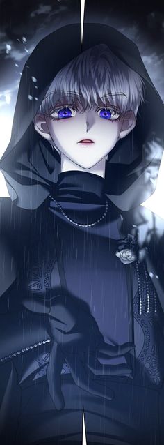 an anime character with blue eyes wearing a black outfit and hoodie, standing in the rain