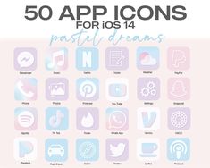 the 50 app icons for iphones are shown in pastel colors and have different shapes