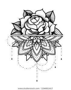 black and white drawing of a rose with leaves on it's petals, surrounded by drops