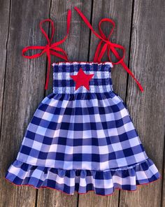 4th Of July Smocked Dress 4th Of July Clothing, 4th Of July Theme, Outfits To Sew, Bug Clothing, White Gingham Dress, 4th Of July Dresses, Pageant Wear, Patriotic Dresses, July Outfits