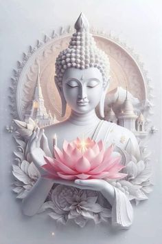 a buddha statue holding a pink flower in front of a white background with an ornate border around it