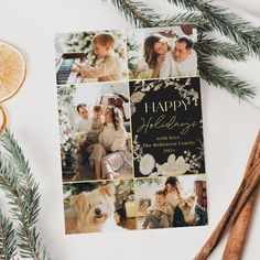 a holiday card with photos of people and their dog on it next to orange slices