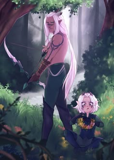 two anime characters standing in the woods with one holding a bow and another kneeling down