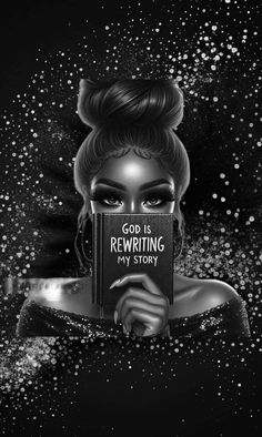 a woman holding up a book with the words god is rewrittening my story