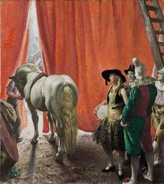 a painting of people standing around a horse