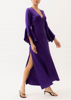 purple maxi dress Elegant Purple V-neck Gown, Purple Silk Evening Dress, Silk Purple Evening Dress, Elegant Silk V-neck Gown, Luxury Satin Finish Gown For Party, Luxury Satin Finish Party Gown, Chic Purple Evening Gown, Luxury Satin V-neck Evening Dress, Purple Satin Evening Dress