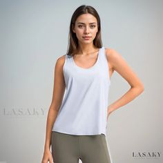 Lasaky - Loose-Fit Minimalist Sleeveless Yoga Top with Breathable Comfort Solid Sleeveless Sports Camisole, Versatile Gym Tank Top, Versatile Sleeveless Tank Top, Solid Versatile Camisole, Versatile Gray Sleeveless Tank Top, Versatile Gray Tank Top, White Sleeveless Workout Camisole, Casual Sleeveless Tank Top With 4-way Stretch, Gray Sleeveless Yoga Tops