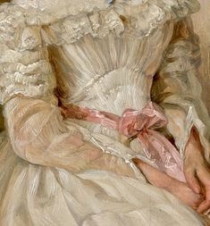 a painting of a woman wearing a white dress and holding a pink ribbon around her waist