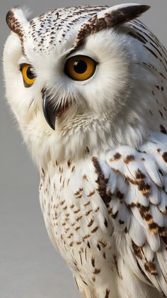 an owl with yellow eyes and white feathers