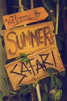 a wooden sign that says welcome to summer safari