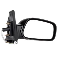 the side view mirror is black and has two small mirrors on each side of it