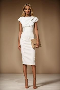 AUDRAY | JACKIE - light ivory fitted sheath dress Elegant Dresses For Work, Pretty Pink Dresses Classy, Dress To Look Rich, Trendy Dresses 2024 Party, Professional Dresses For Work Formal, Business Formal Dresses For Women, Quiet Luxury Dress, Elegant White Dress Classy Chic, Classy Timeless Outfits