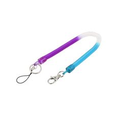 the purple and blue leash is attached to a metal hook with an adjustable loop on it