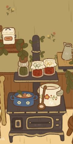 a painting of a kitchen with pots and pans on top of the stovetop