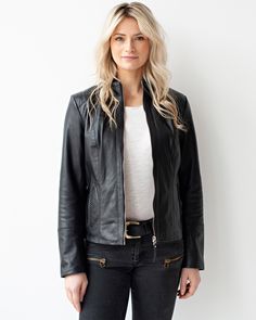 Black Collarless Leather Jacket, Chicago Women, Urban Jacket, Scarf Jacket, Leather Jacket Style, Fall Wardrobe, Belted Dress, Jacket Style, Belts For Women