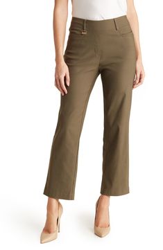 Keep your look polished and professional in these ankle-cropped pants subtly trimmed with sets of gleaming rivets. 27" length Elastic waistband Belt loops, logo tab, and rivets 2 front slash pockets 76% rayon, 20% nylon, 4% spandex Hand wash, dry flat Imported Model stats: 5'10" height, 32" bust, 25" waist, 36" hip. Bohemian Non-stretch Ankle-length Pants, Non-stretch Ankle-length Green Pants, Solid Ankle-length Rayon Pants, Stretch Rayon Ankle-length Pants, Khaki Ankle-length Pants With Welt Pockets, Look Polished, Nanette Lepore, Sports Blazer, Ankle Pants