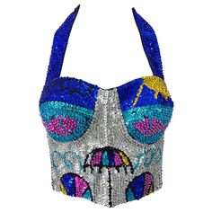 1980s Novelty Sequin Beaded Beach Themed Vintage 80s Halter Bustier Crop Top For Sale at 1stDibs Summer Party Sequined Halter Top, Sequin Halter Top For Summer Party, Sequin Halter Neck Crop Top For Summer, Glamorous Sequined Halter Neck Crop Top, Glamorous Halter Neck Crop Top With Sequins, Summer Beaded Fitted Crop Top, Summer Fitted Beaded Crop Top, Beaded Fitted Crop Top For Summer, Glamorous Embellished Summer Halter Top