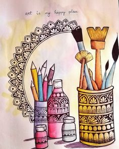 a drawing of some art supplies in a vase