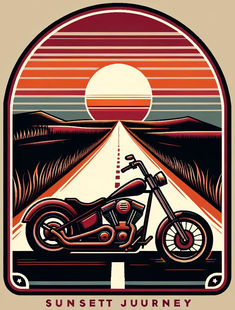 a motorcycle is parked on the road in front of an orange sun and hills with trees