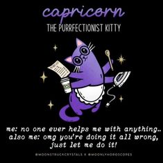 a purple cat holding a piece of paper with the caption capricorn, the purrectionist kitty