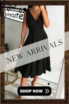 Black Sweet Elegant Solid Fold V Neck Sleeveless Dress Dresses Black Solid Sleeveless Spring Dress, Black Solid Color Sleeveless Dress For Spring, Black Sleeveless Solid Midi Dress, Sleeveless Solid Color Cocktail Dress, Black Sleeveless Dress For Party, Elegant Sleeveless Solid Color Dress, Sleeveless Solid Color Midi Evening Dress, Sleeveless Solid Color Midi Dress For Evening, Sleeveless Solid Color Dress For Date Night