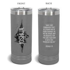 two stainless steel tumblers with the words joshua and joshua printed on them, both side by side