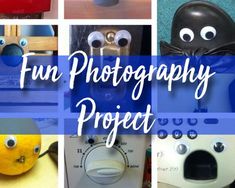 a collage of photos with the words fun photography project written in white and blue