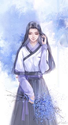 a drawing of a woman with long black hair wearing a purple and white dress holding a blue flower