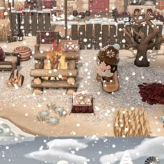 an animated image of a person sitting in front of a fire place with snow falling on the ground