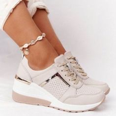 Comfort Shoes Women, Orthopedic Shoes, Sport Shoes Women, Lace Up Wedges, Beige Shoes, Casual Heels, Lacing Sneakers, Comfortable Sneakers, Wedge Sneakers