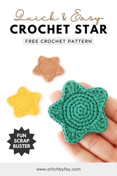 the crochet star pattern is shown in three different colors and sizes, with text overlay reading quick & easy crochet star free crochet pattern