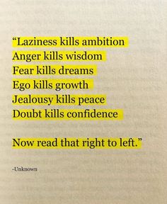 an open book with yellow text that reads,'lazyness kills ambition anger kills