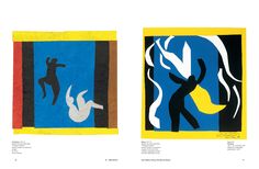 two paintings depicting people in different colors and shapes, one is jumping off the other