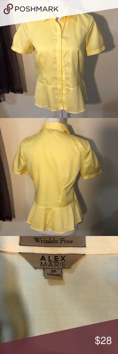 Alex Marie button down blouse 2P Elegant Alex Marie Wrinkle free blouse with short sleeves, summer yellow, size 2P.  Pairs nicely with khaki shorts, skirts, or pants with the princess waistline!  Excellent condition!!  Could pass for brand new!! Alex Marie Tops Button Down Shirts Short Sleeve Stretch Blouse With Buttons, Stretch Short Sleeve Blouse With Buttons, Yellow Summer Office Shirt, Fitted Yellow Shirt With Buttons, Yellow Summer Office Tops, Fitted Yellow Tops With Buttons, Yellow Fitted Top For Office, Fitted Yellow Top For Office, Fitted Yellow Cotton Blouse