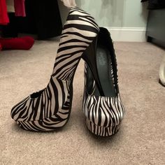 Never Worn Before Size 7 Zebra Heels From Charlotte Russe! Black High Heels With Zebra Print, Chic Zebra Print High Heels, Spring Zebra Print High Heels, High Heel Zebra Print Party Heels, Spring Zebra Print Heels, Zebra Heels, Charlotte Russe, Shoes Women Heels, Shoes Heels