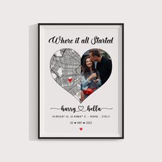 a heart shaped photo frame with the words where it all started and a couple holding each other