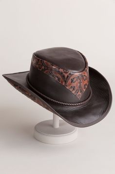 Falcon Hand-Tooled Leather Cowboy Hat | Overland Leather Cowboy Hats, Crochet Sweater Pattern Free, The Falcon, Motorcycle Seats, Unique Hats, Leather Hats, Hand Tooled Leather, Sweater Crochet Pattern, Tooled Leather