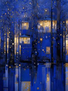 a painting of a blue building in the middle of trees with lights on it's windows