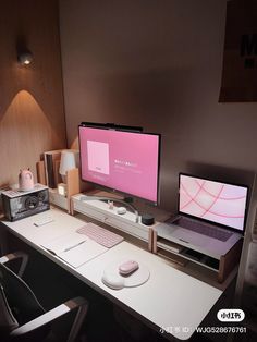 a computer desk with two monitors and a laptop on it in front of a wall