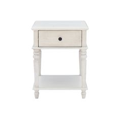 an end table with two drawers and one drawer on the bottom, in white wood